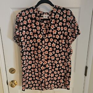 CAbi Black and Pink Boxy Blouse with Mandarin Collar